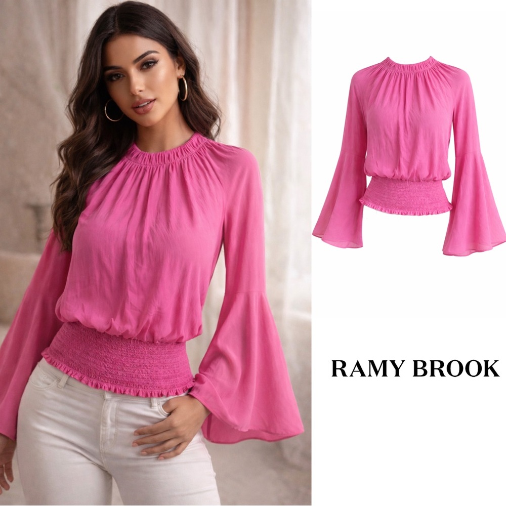 Ramy Brook Fuchsia Candace Smocked-Waist Blouse